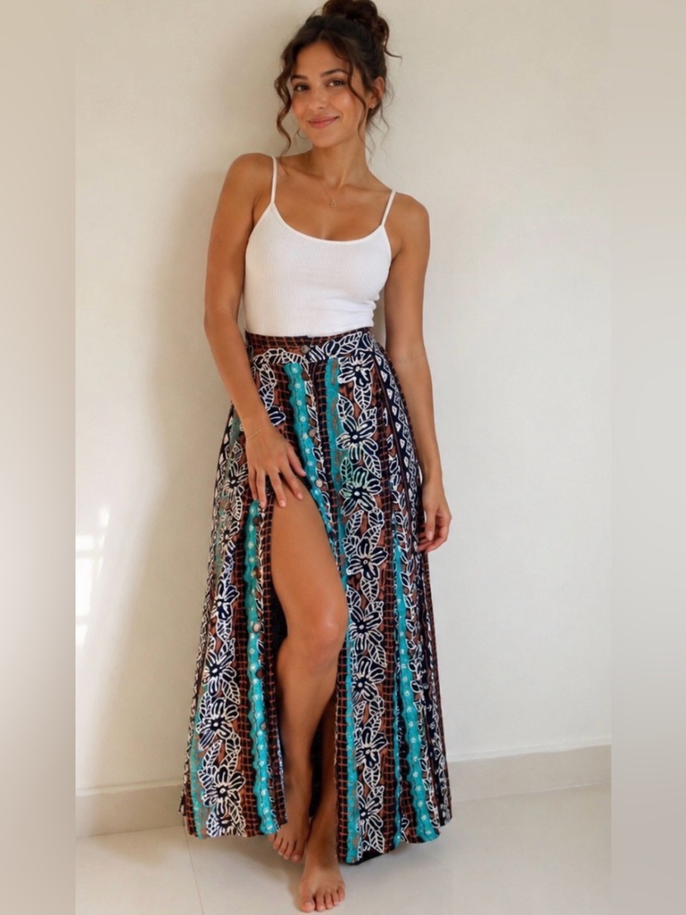 Flowing Fabric Wood Button Down Midi Skirt